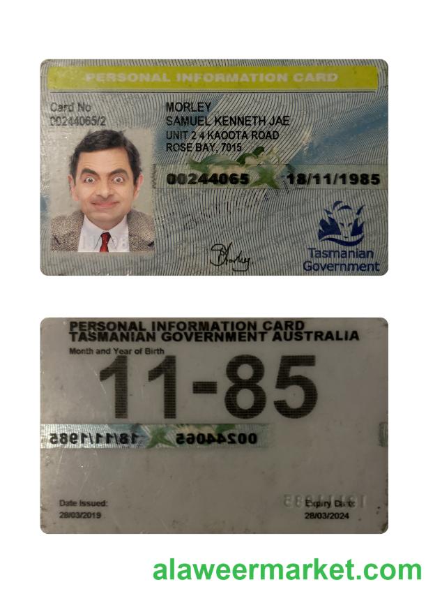 Australia Tasmania personal information card